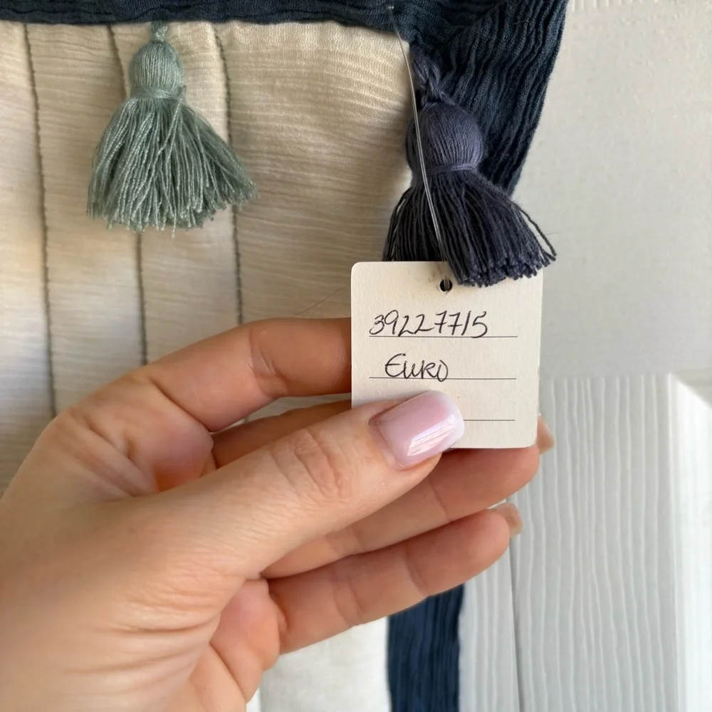 Anthropologie Euro Sham Square Throw Pillow Tassel Unused Cotton Boho White Blue